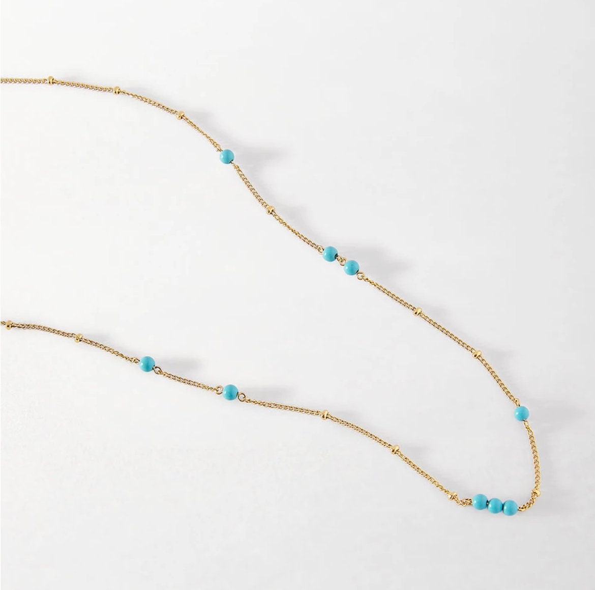 18k Gold Stainless Steel Turquoise Beaded Chain Necklace - Dainty Turquoise Gold Necklace - Minimalist Blue Stone Necklace  - Gift For Her