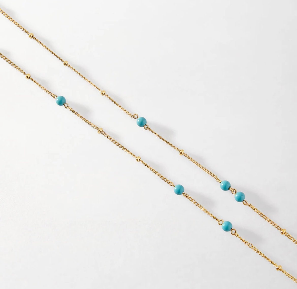 18k Gold Stainless Steel Turquoise Beaded Chain Necklace - Dainty Turquoise Gold Necklace - Minimalist Blue Stone Necklace  - Gift For Her