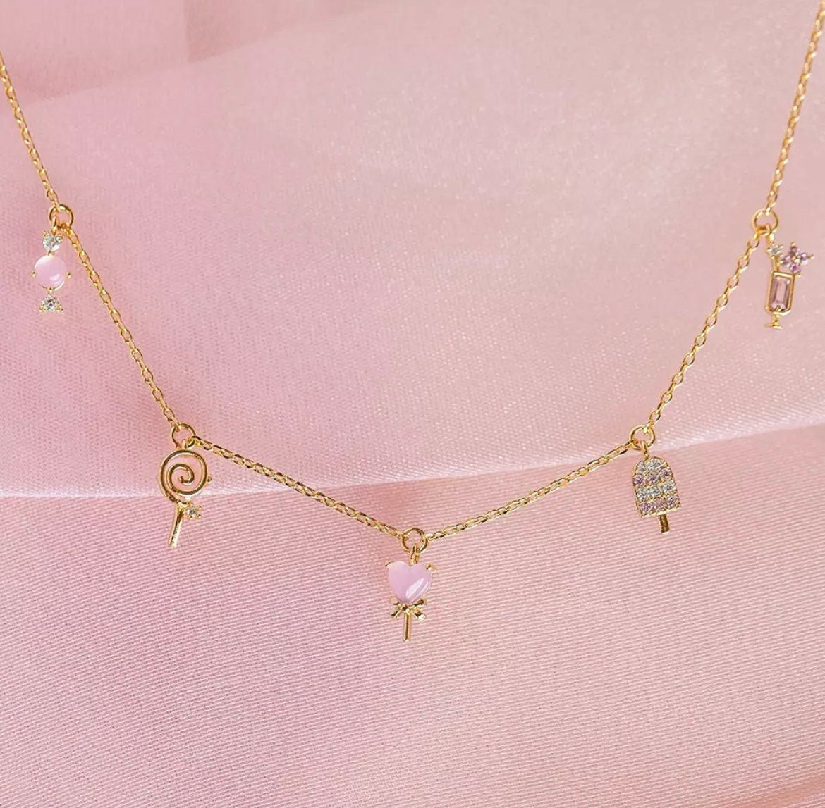 18k Gold Mini Ice Cream Charm Pendent Necklace - Cute Tiny Sweets Crystal Charm Necklace  - Multi Charm Necklace- Bowknot Charm  Necklace