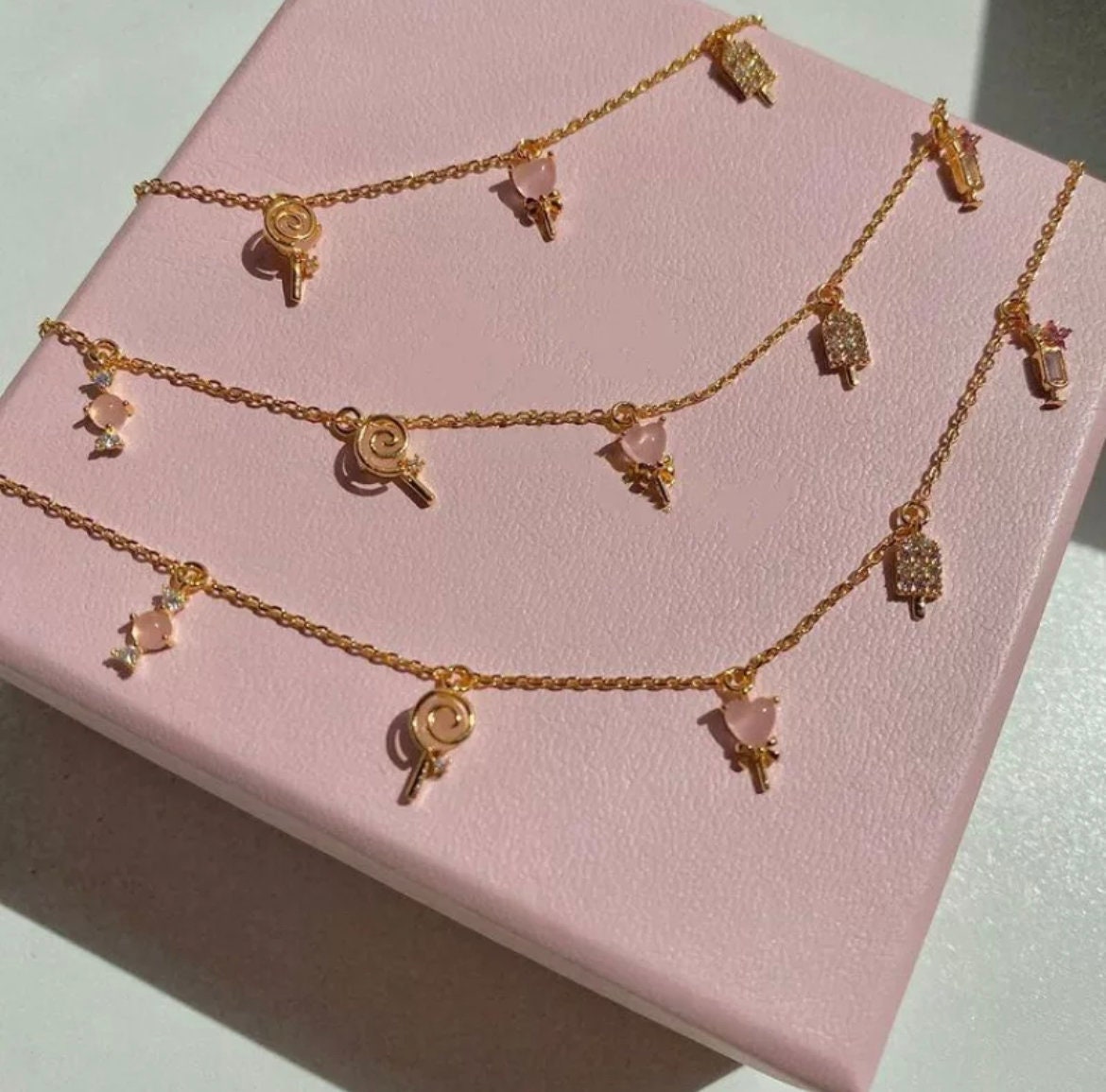 18k Gold Mini Ice Cream Charm Pendent Necklace - Cute Tiny Sweets Crystal Charm Necklace  - Multi Charm Necklace- Bowknot Charm  Necklace