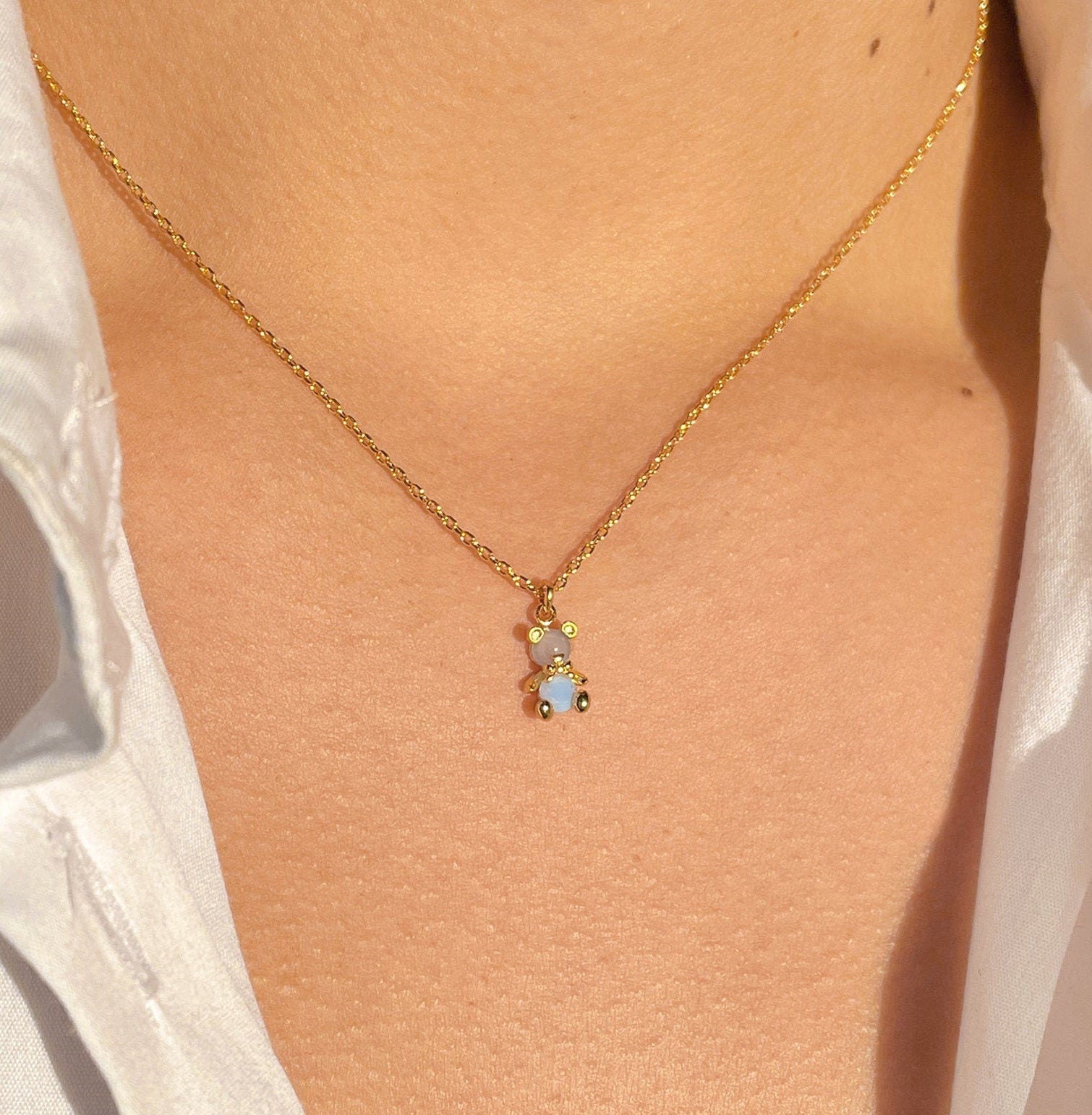 18k Gold Cute Blue Teddy Bear Charm Pendant Necklace - Dainty Teddy Bear Pendant  - Minimalist Bear Necklace - Bear Jewellery- Gift For Her