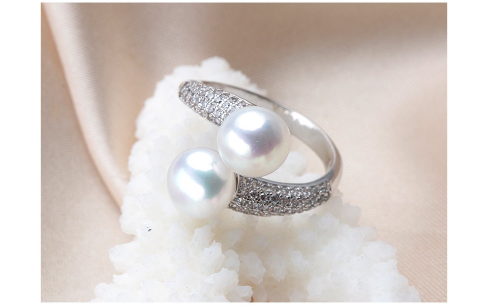 Adjustable pearl hot ring, Freshwater two pearl 925 sterling silver ring,