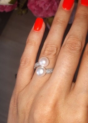 925 Sterling Silver Double Pearl Adjustable Ring - Freshwater Pearl Silver Open Ring - Natural Pearl Ring - Bridal Ring - Gift For Her