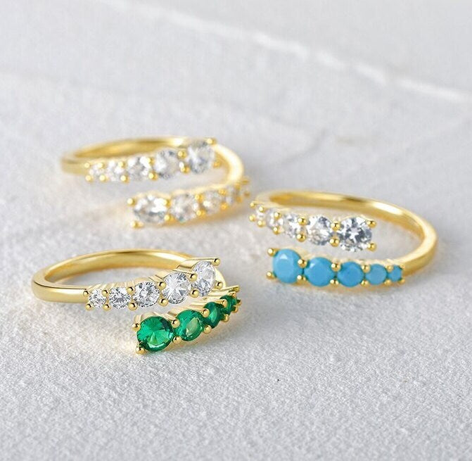 Dainty Green Emerald Adjustable Ring - Blue Turquoise Open Band Ring - Tow Colour Crystal Ring - 18k Gold Green Crystal Ring - Gift For Her