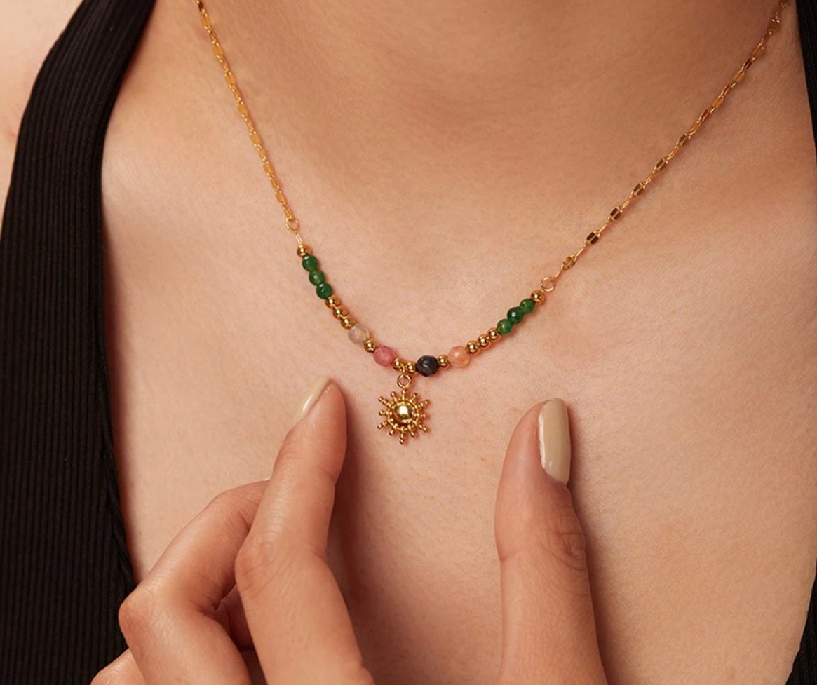 Pink Heishi Bead Necklace With Gold Flower Charm - Monisha Melwani Jewelry