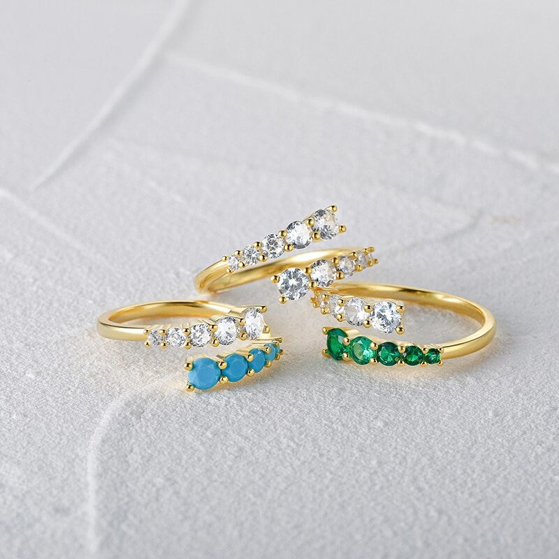 Dainty Green Emerald Adjustable Ring - Blue Turquoise Open Band Ring - Tow Colour Crystal Ring - 18k Gold Green Crystal Ring - Gift For Her