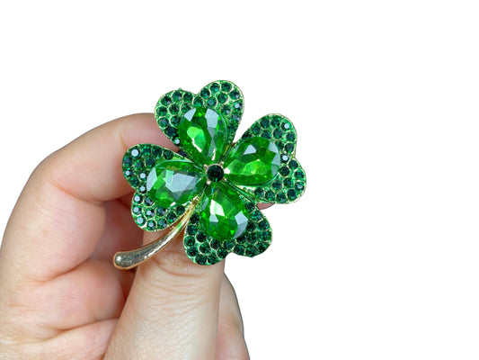 Elegant Green Crystal Four Leaf Clover Brooch