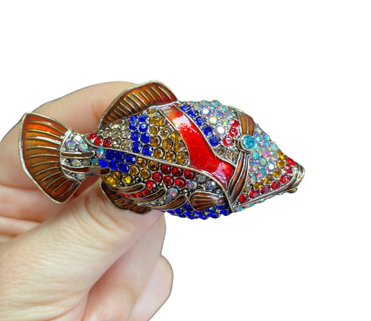 Elegant Large Colorful Rhinestone Gold Fish Brooch Pin