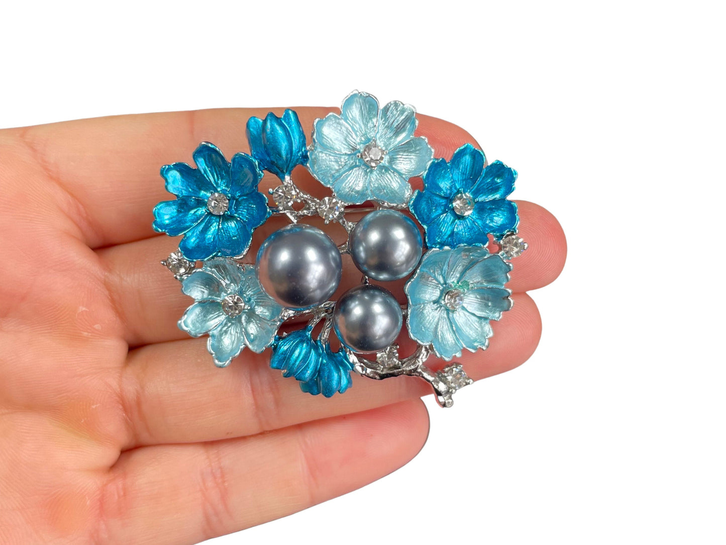 Elegant Blue Flower And Pearls Brooch Pin / Vintage Look Blue Flower Brooch / Flower Costume Pin / Banquet Flower Brooch / Gift For Her
