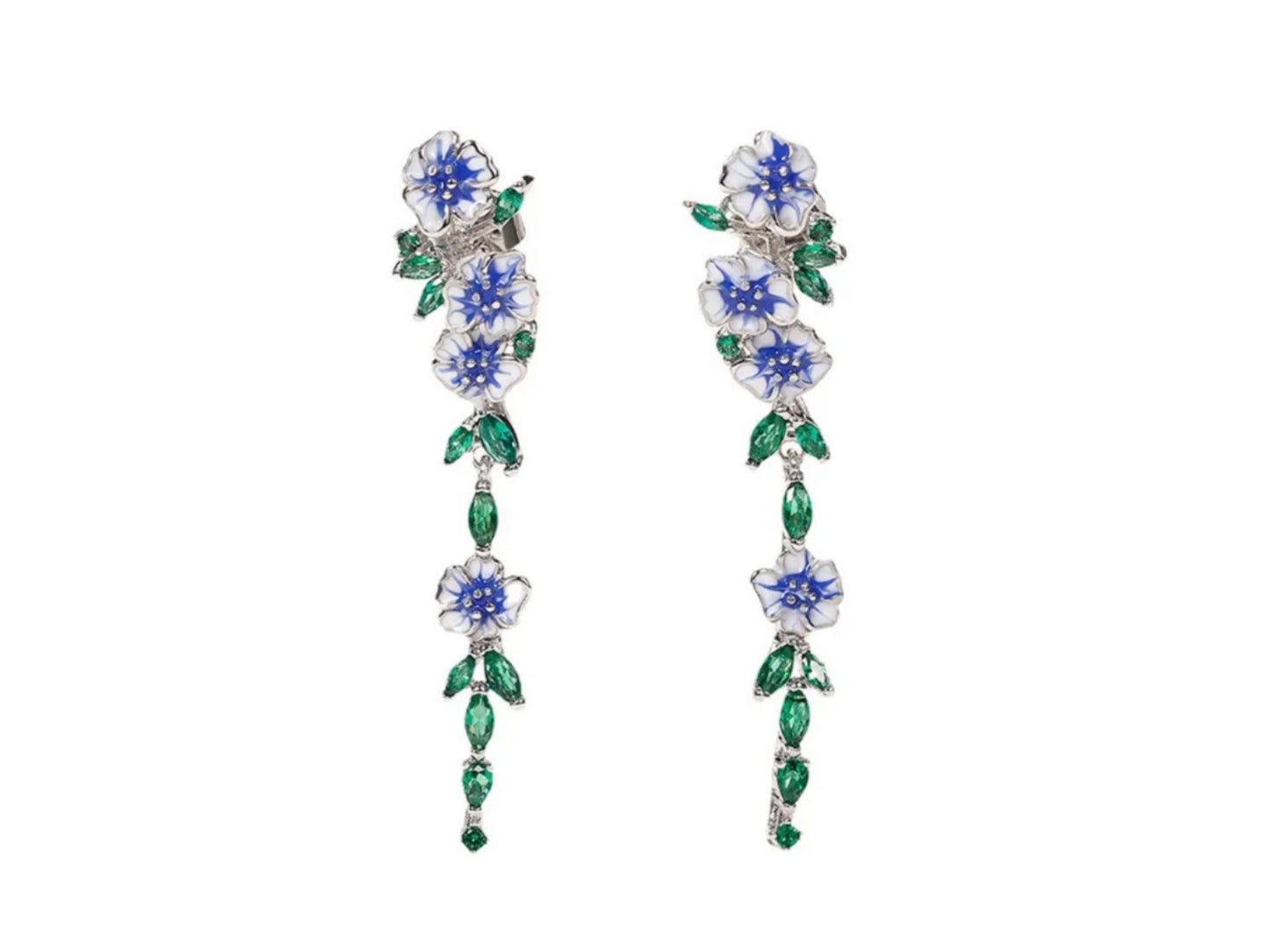 Blue And White Flower Long Dangle Earrings