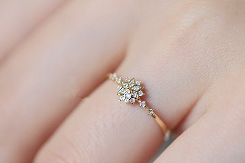 Diamond Snowflake Flower  Crystal Gold Ring