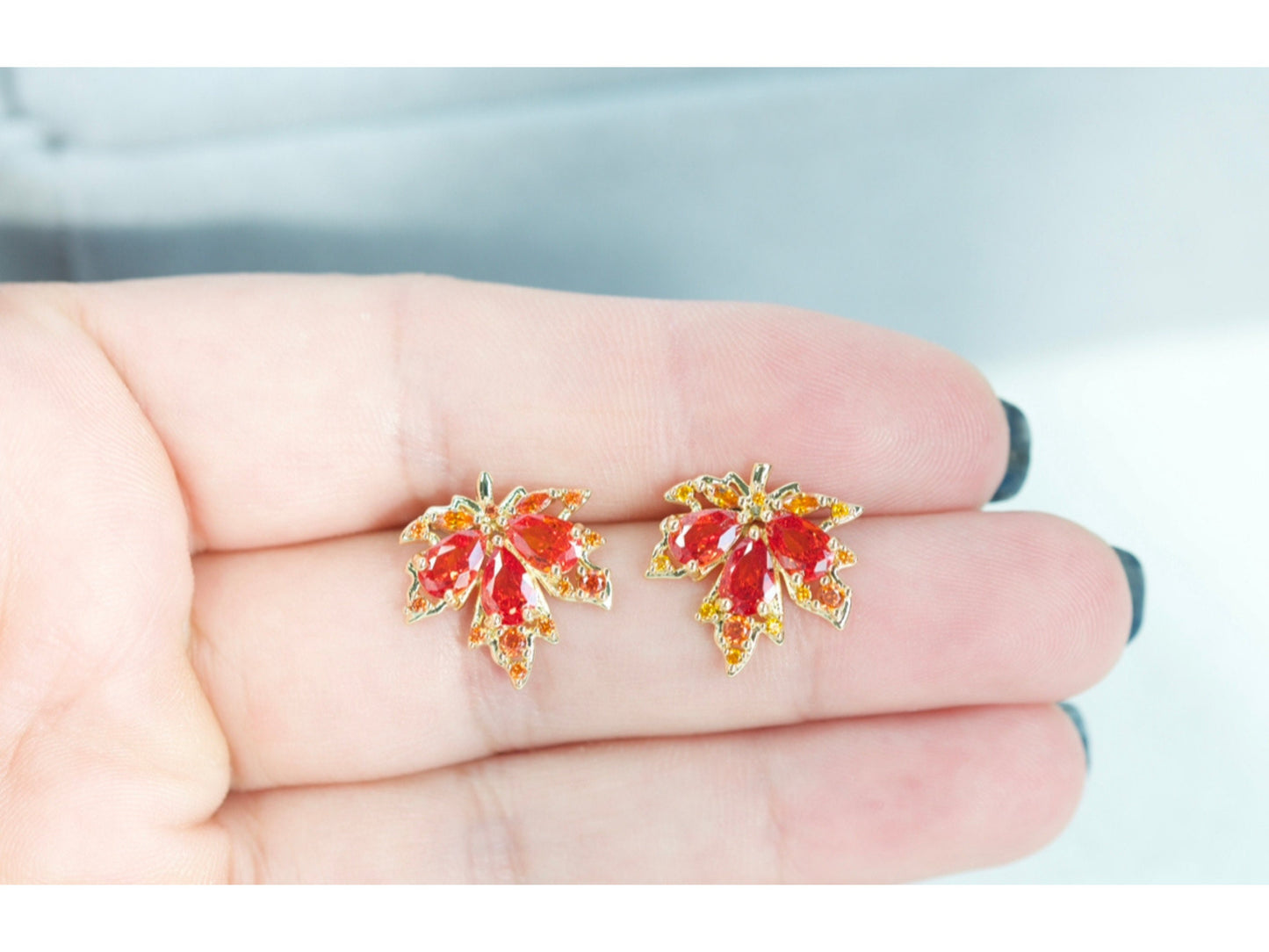 Dainty Amber Crystal Leaf Gold Earrings