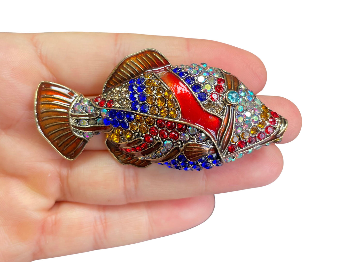 Elegant Large Colorful Rhinestone Gold Fish Brooch Pin