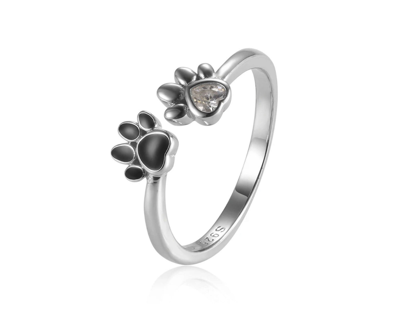 White And Black Cz Silver Paw Open Ring