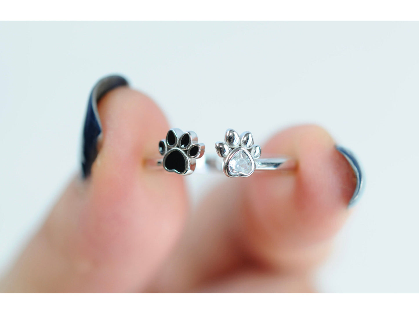 White And Black Cz Silver Paw Open Ring