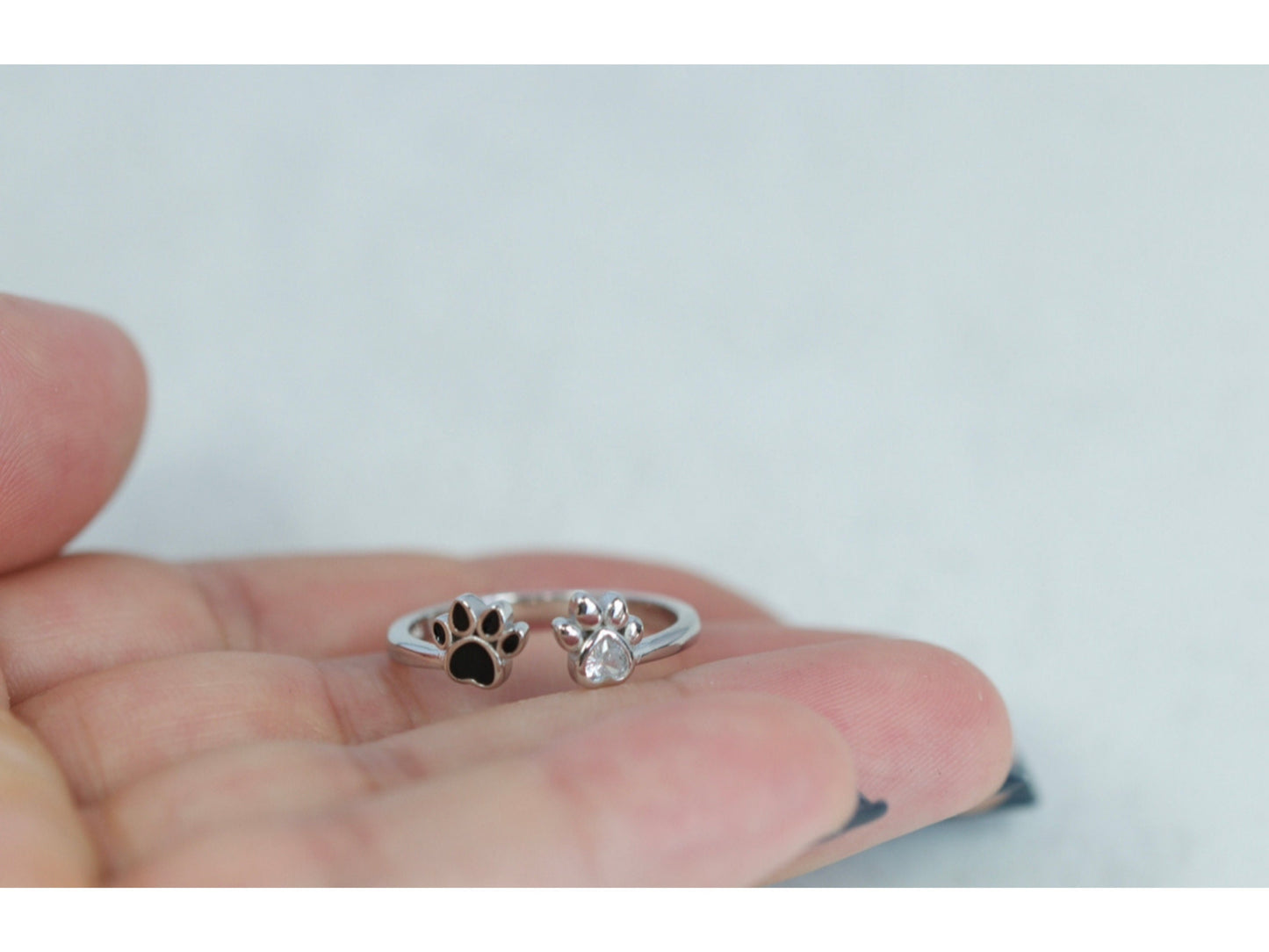 White And Black Cz Silver Paw Open Ring