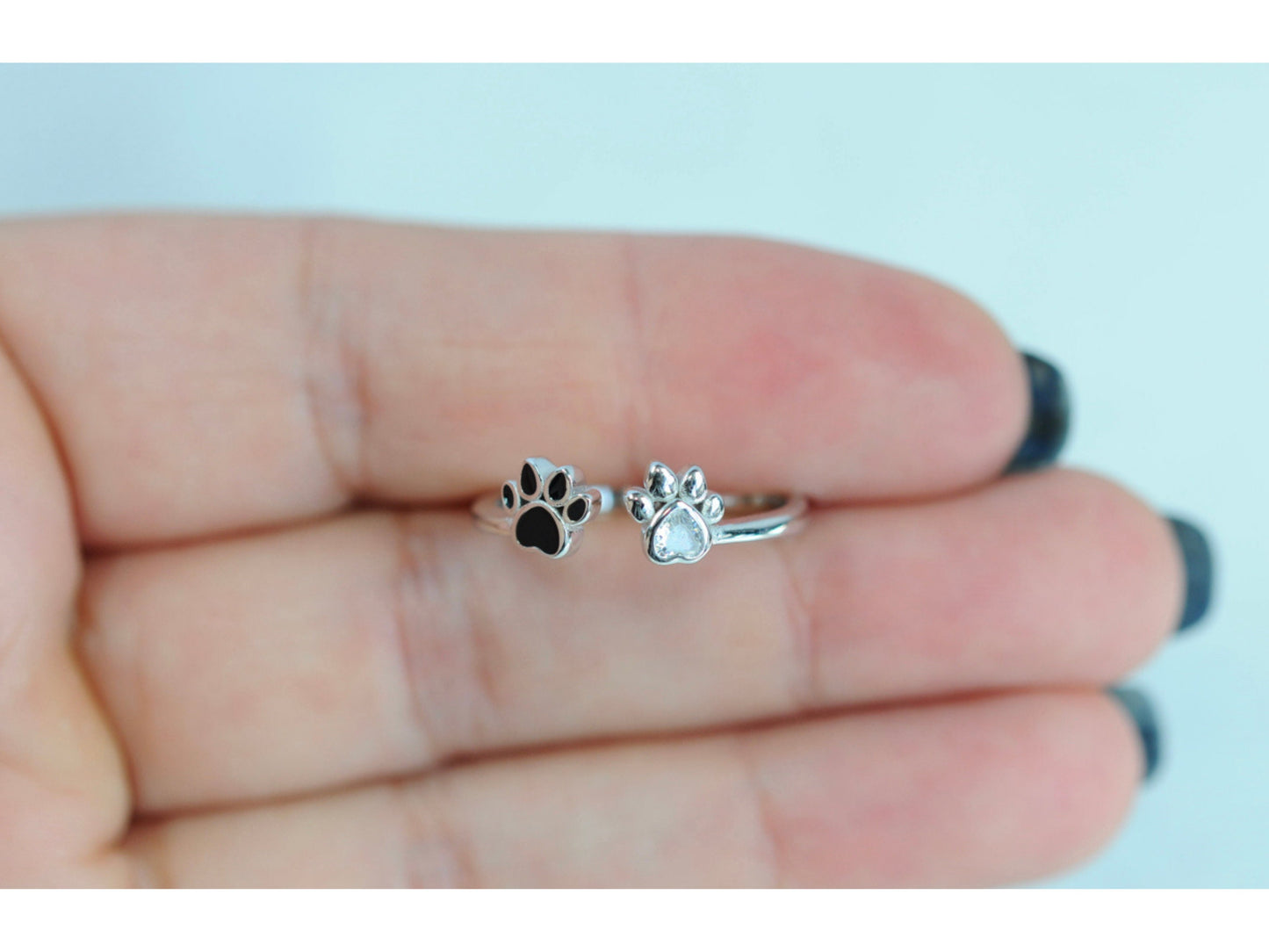 White And Black Cz Silver Paw Open Ring