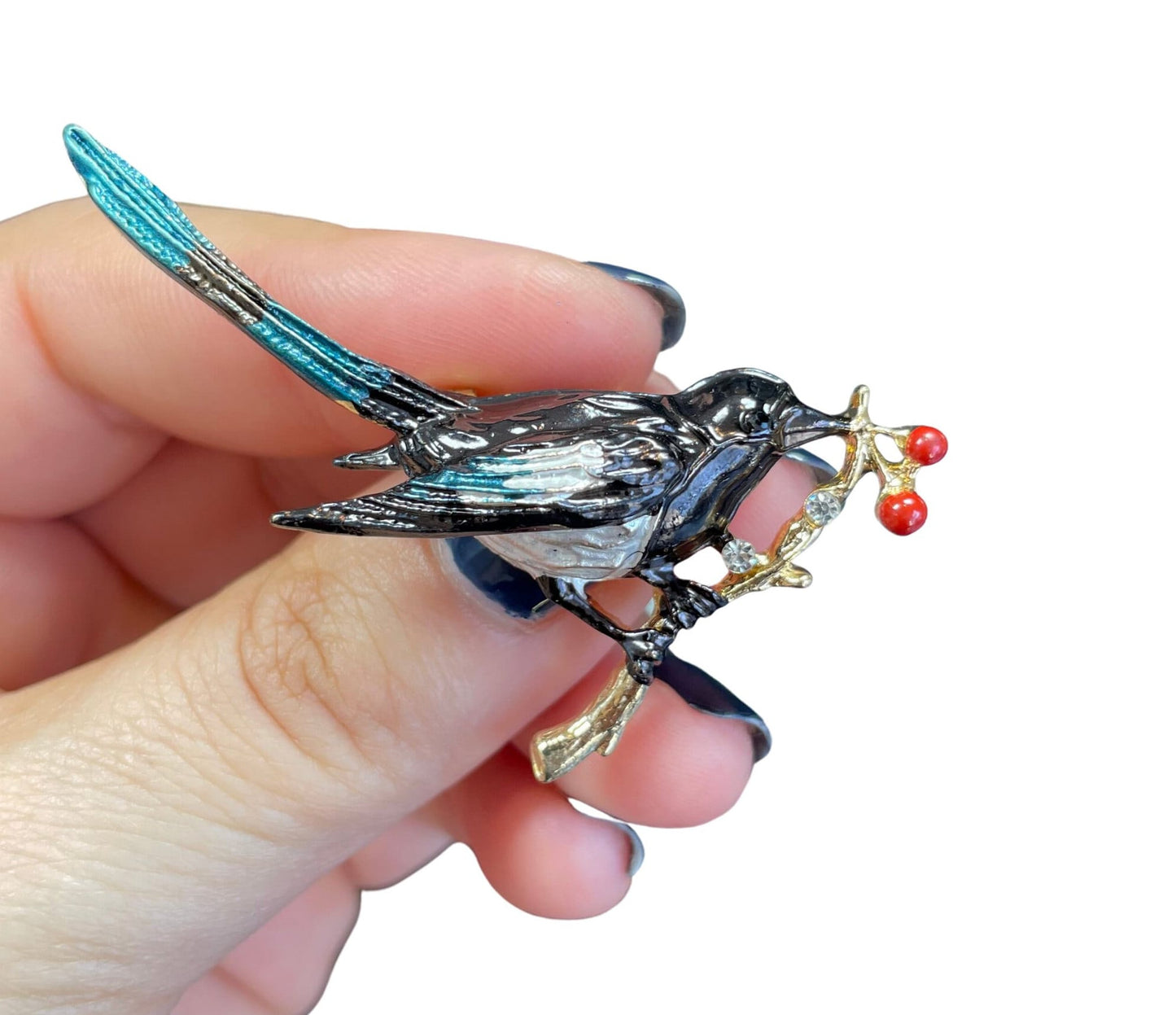 Delicate Enamel Magpie Bird Berries Branch Brooch In Gold