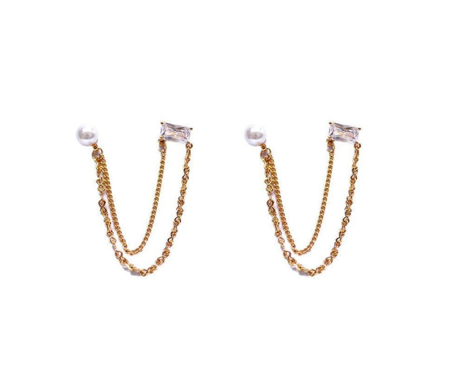 Dainty Chain Double Hole Pearl Stud Earrings