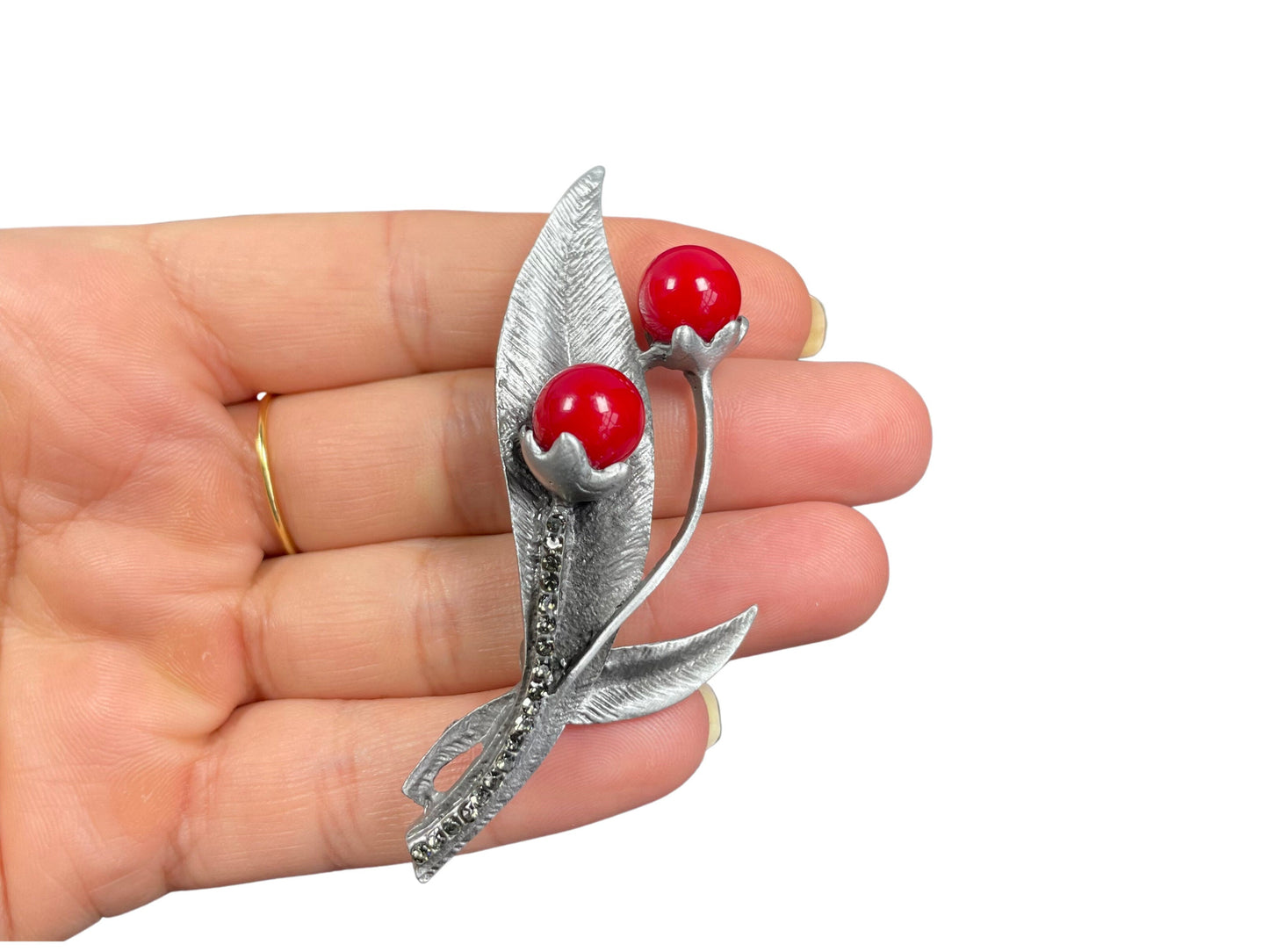 Stunning Red Flower Silver Pin Brooch