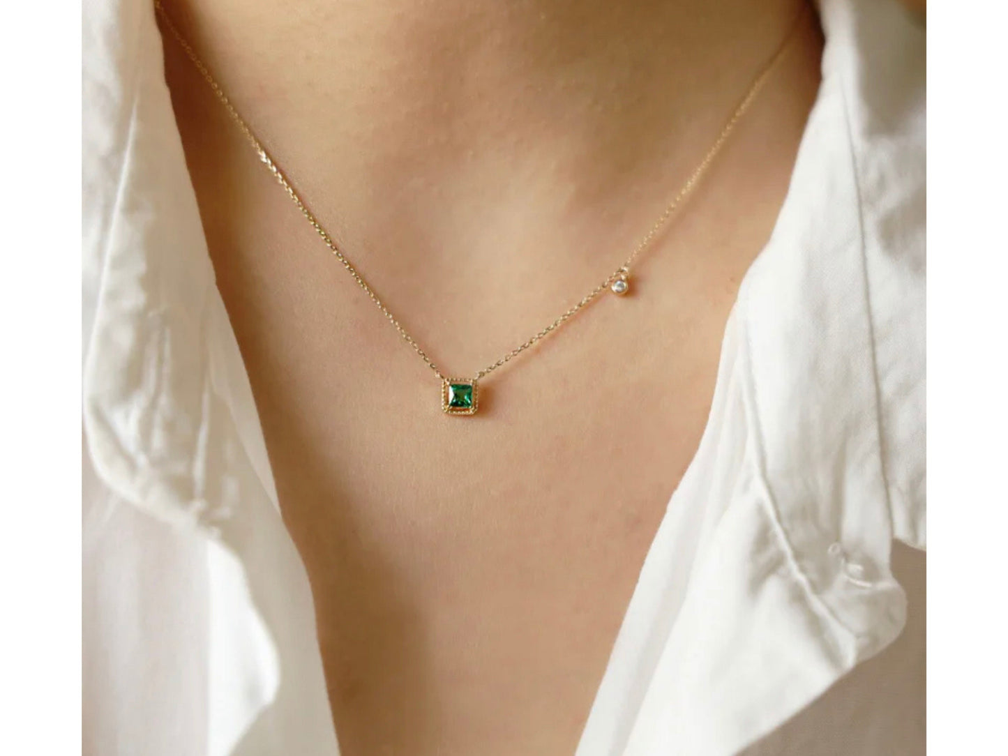 Mini Emerald Square Charm Necklace