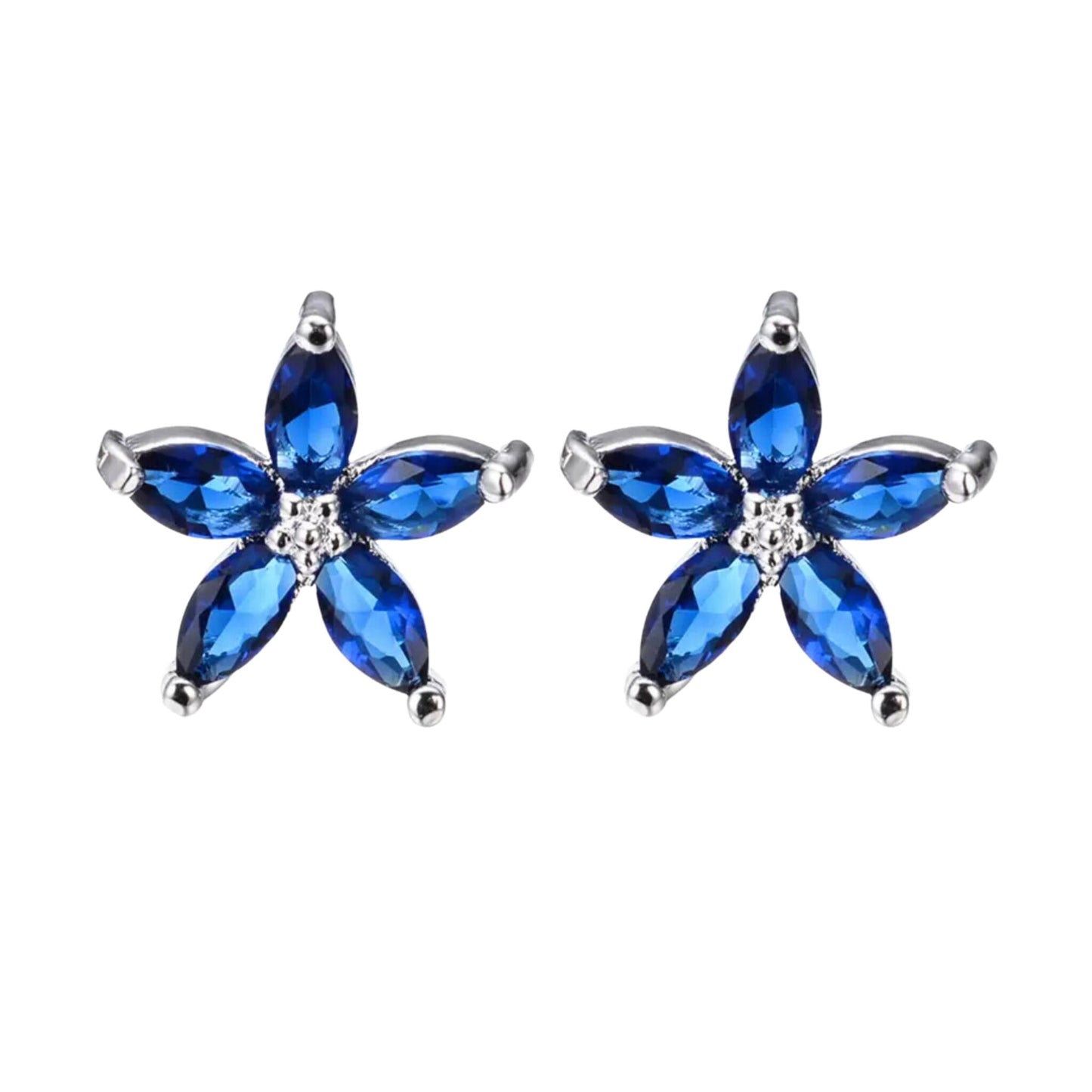 Blue Sapphire Flower Stud Earrings