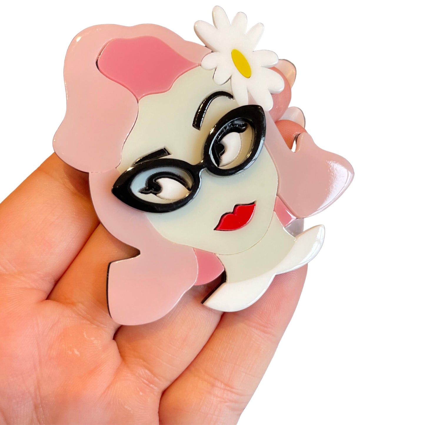 Quirky Lady With Pink Hair And White Flower Large Acrylic Brooch