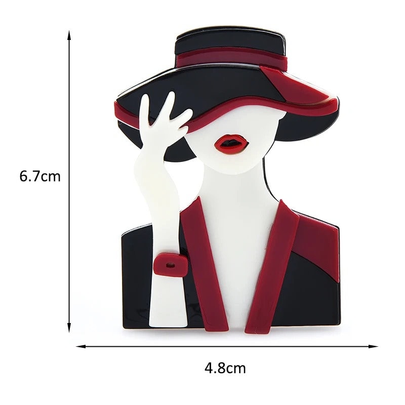 Black And Red Chic Lady With Hat Acrylic Pin Brooch
