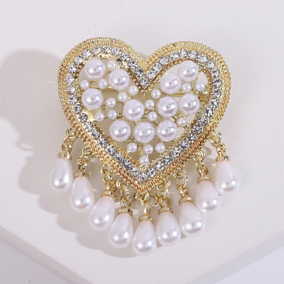 Vintage Pearls Heart Tassel  Brooch