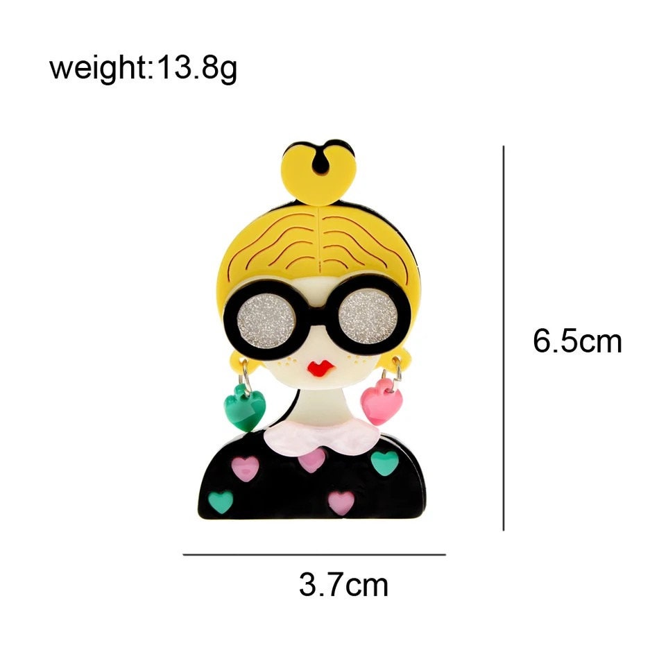 Modern Girl With Blond Hair And Big Sunglasses Acrylic Costume Pin Brooch