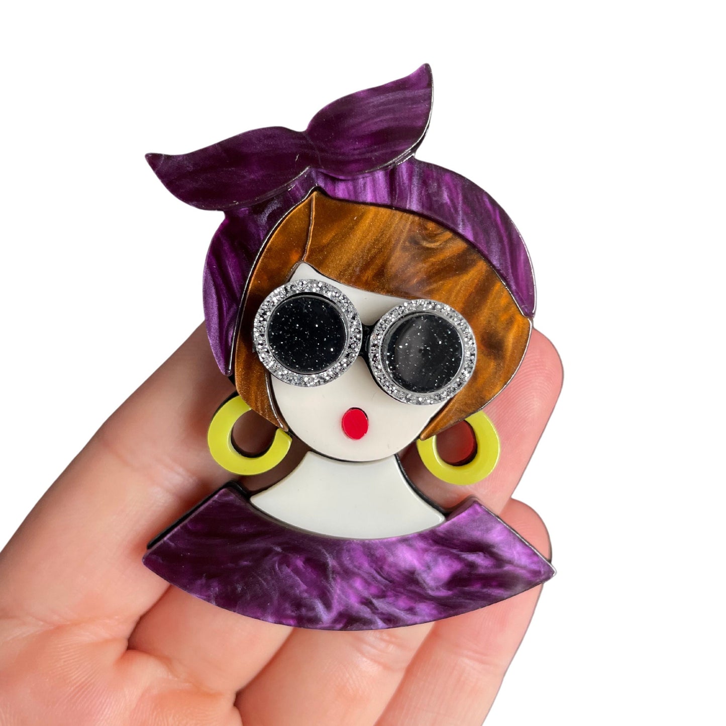 Fun And Quirky Purple Lady With Sunglasses  Acrylic Brooch