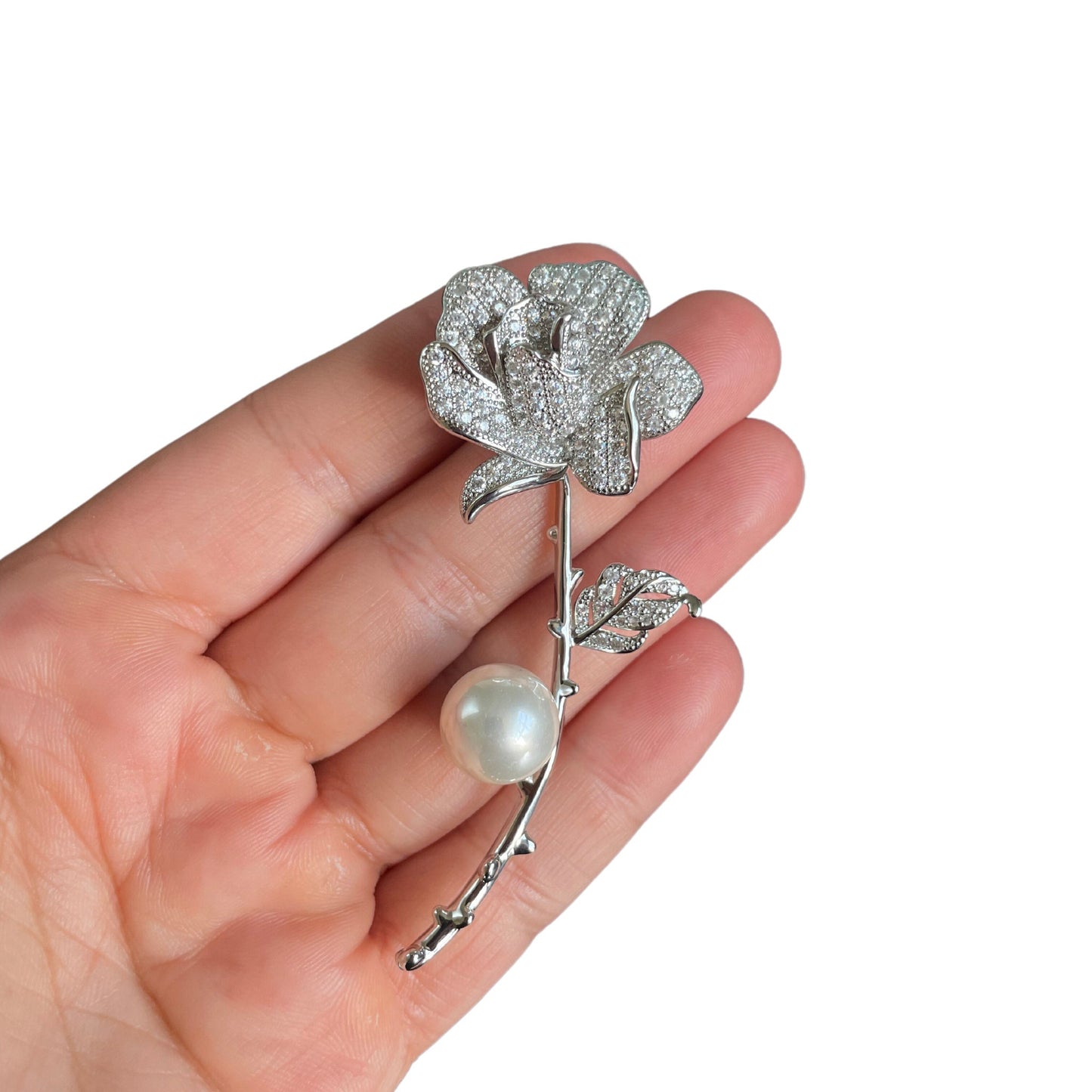 Stunning Camellia Rose Flower Crystal Pearl Costume Pin Brooch / Silver Flower Coat Pin /Dainty Gold Rose Flower Unisex Brooch /Gift For Her