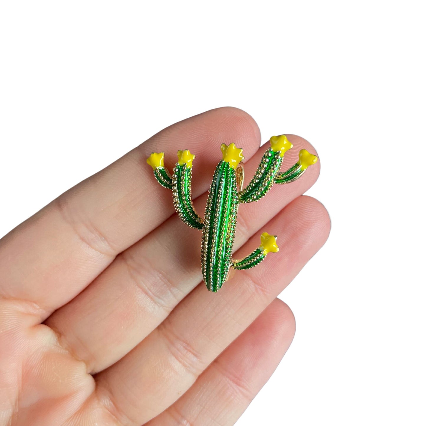 Cute Yellow Flower Cactus Plant Pin Brooch /Delicate Green Enamel Cactus Costume Brooch / Cactus Jewellery / Dainty Brooch / Gift For Her